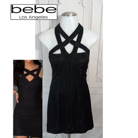 2B Bebe Dresses & Skirts - Bebe 2B  Black Metallic Caged Strappy Bodycon Dress Sz M
